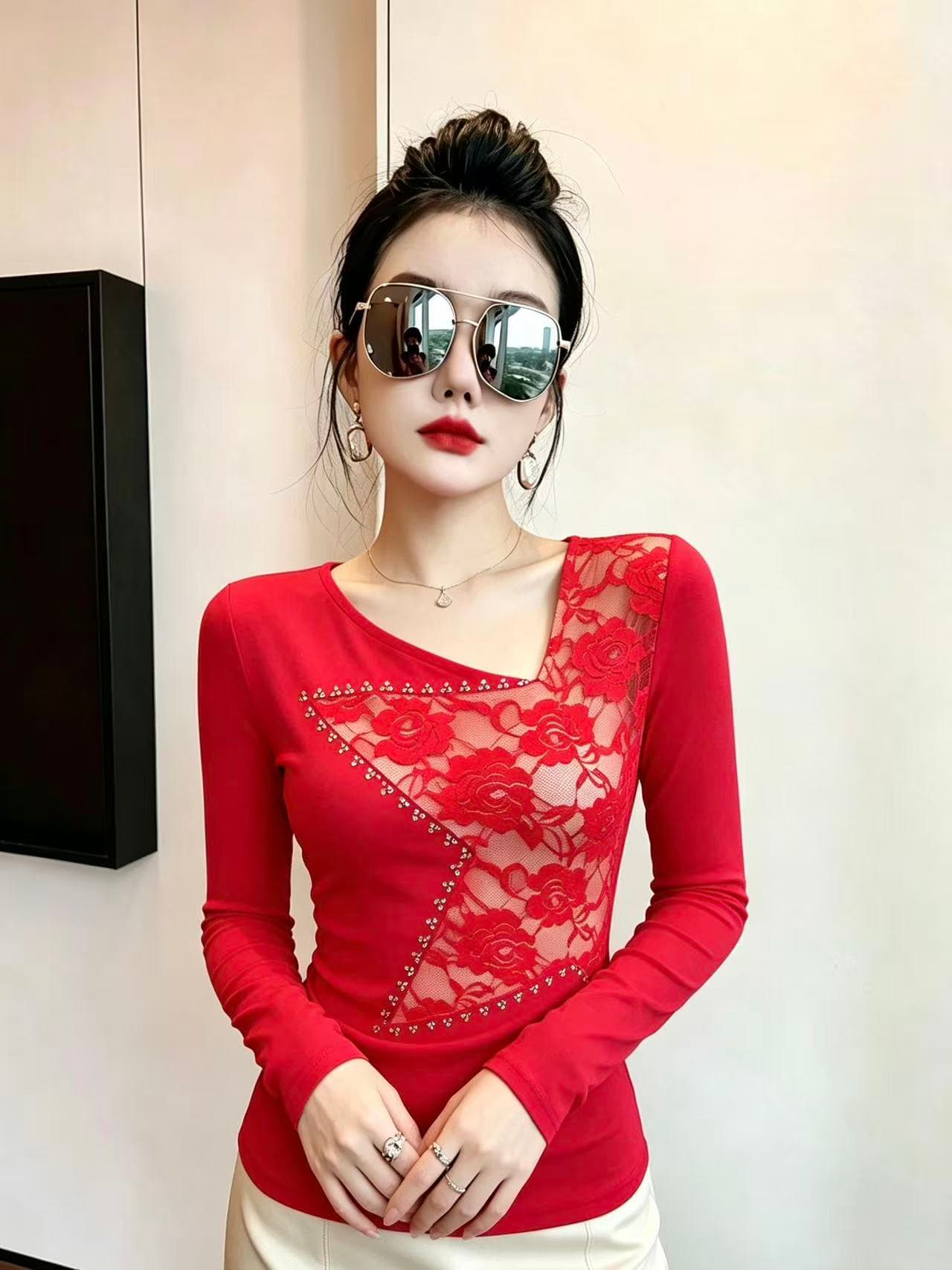 품격 레이스 핫픽스 긴팔 여성 티셔츠 몸매 가꾸기 슬림해 보이는 나팔 소매 라운드 넥 기본 셔츠 외국 가스 패치워크 작은 셔츠 상세 이미지 14