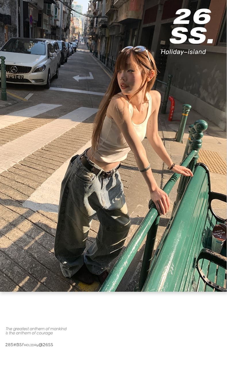 남쪽 기름 아메리칸 레트로 높음 거리 넓은 다리 청바지 여성 2026 봄 하이웨이스트 루즈핏 디자인 센스 바닥 청소 스트레이트 팬츠 상세 이미지 1