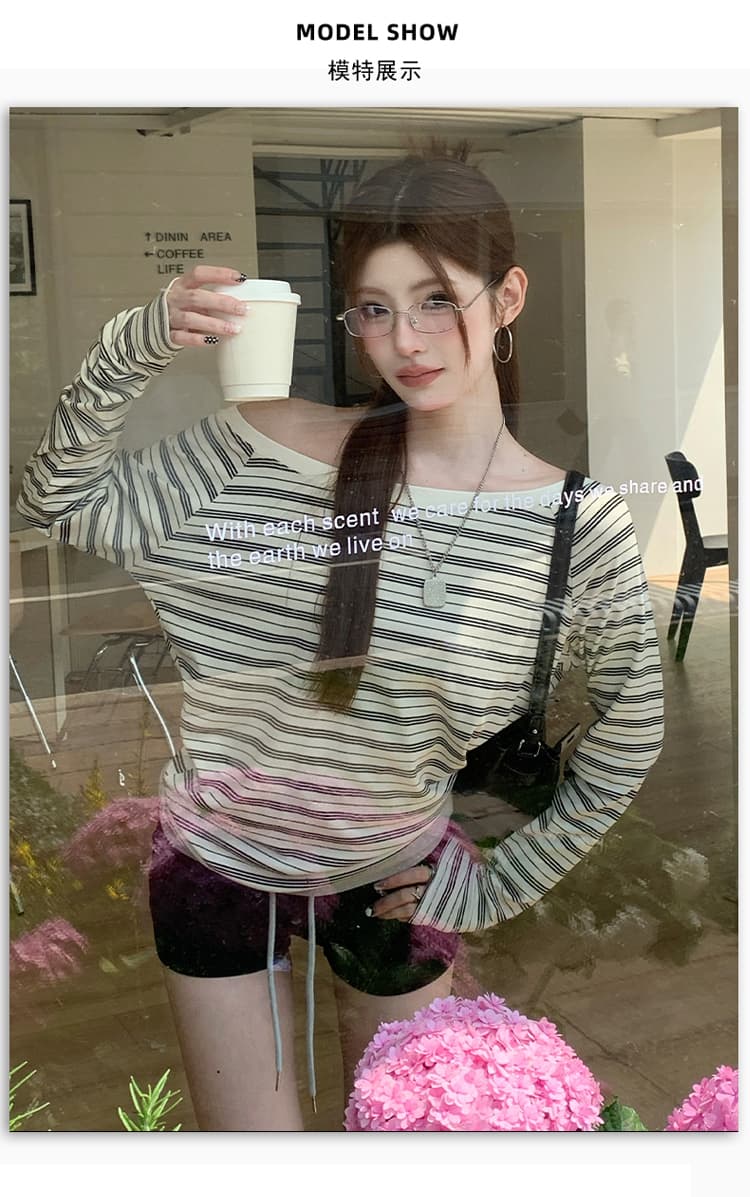 한 부서 부드러운 바람 프랑스식 느긋한 분위기 센스 비스듬한 어깨 보트넥 단색 긴팔 t 셔츠 여성 상세 이미지 6