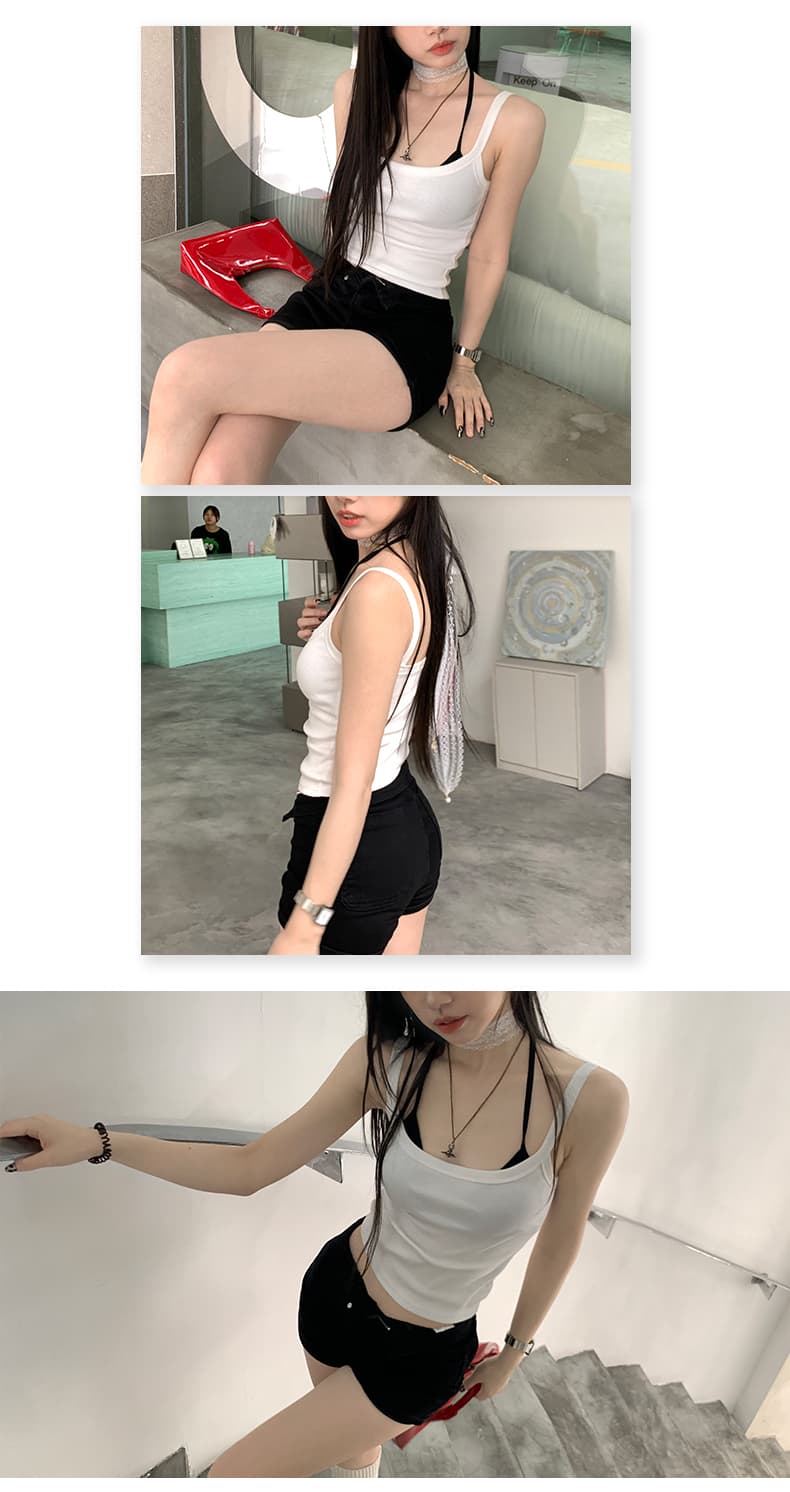 일본식 일상 ootd 여성의 아파트 꿀 여행 슬림해 보이는 광장 칼라 넓은 어깨 리브 슬립 5 가지 색상 선택 사항 상세 이미지 9