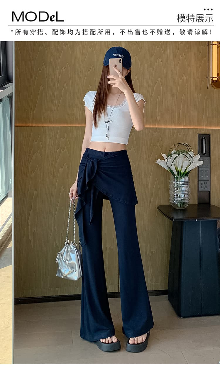 한국 싱글 부드러운 센스 페이크 레이어드 캐주얼 바지 봄 여름 얇은 스타일 랩스커트팬츠 레이스업 몸매 가꾸기 부츠컷 슬림해 보이는 외국 가스 바지 상세 이미지 10