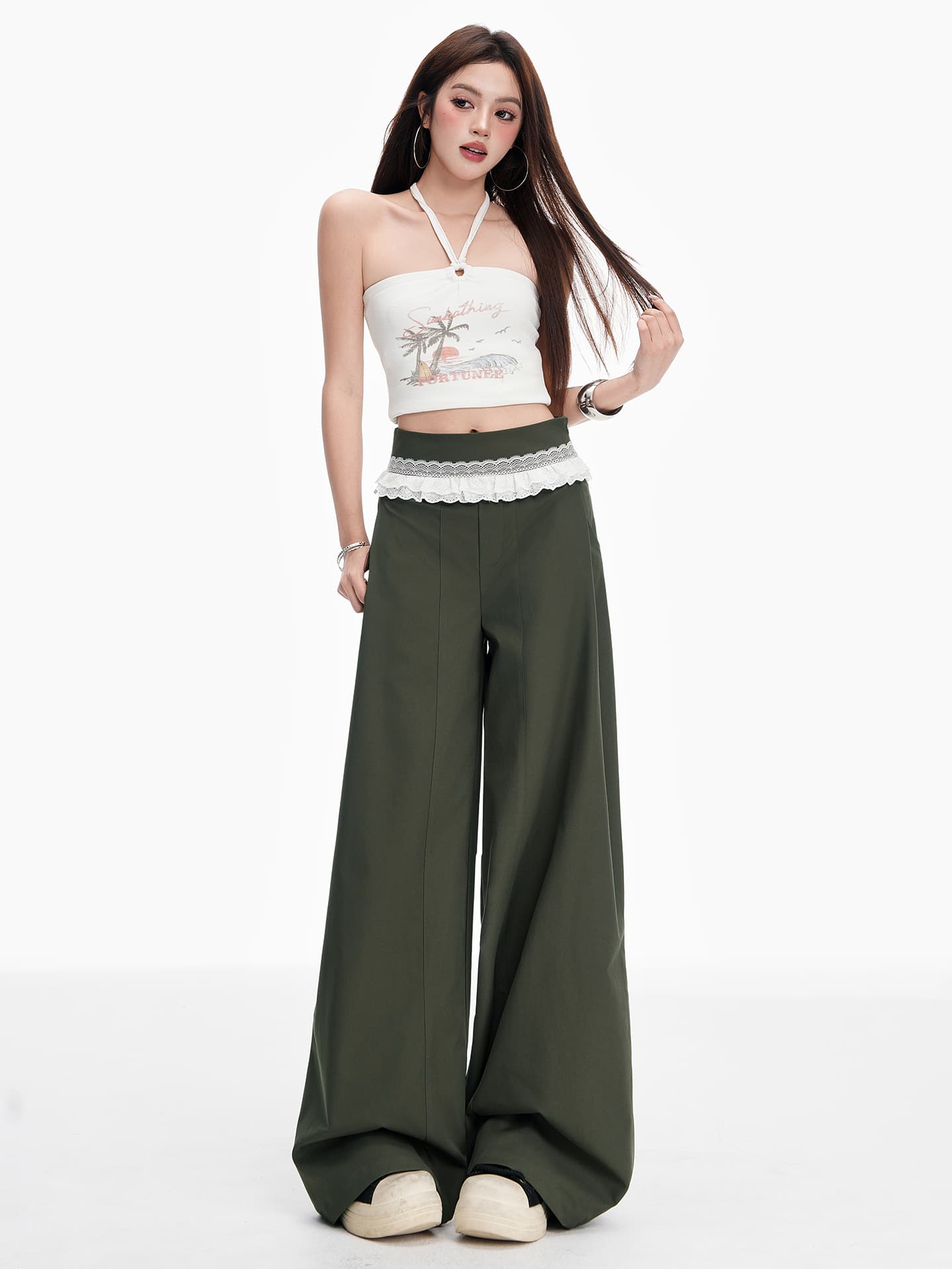 흔들어서 톤 폭발 2026 봄 새로운 느긋한 바람 스트레이트 팬츠 여성 녹색 레이스 레이스 패치워크 주름 와이드 레그 팬츠 이미지 4