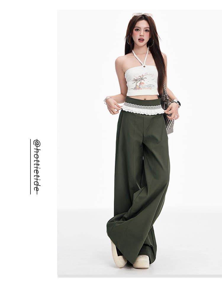 흔들어서 톤 폭발 2026 봄 새로운 느긋한 바람 스트레이트 팬츠 여성 녹색 레이스 레이스 패치워크 주름 와이드 레그 팬츠 상세 이미지 14