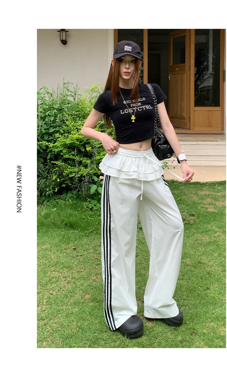 일본식 운동 캐주얼 귀여운 장난기 넘치는 품격 3 차원 프릴 펌프 로프 허리밴드 넓은 다리 길이 바지 여성 상세 이미지 10