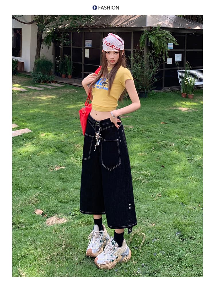 한국 동대문 여성 의류 아메리칸 프로필 모양 넓은 다리 7부 바지 여름 원본 암소 블랙 데님 여성 레저 슬림해 보이는 반바지 상세 이미지 7