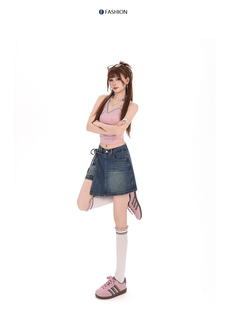 흔들어서 톤 폭발 핫걸 바람 타이트 스커트 데님 치마바지 밝은 색 불규칙 스트랩 하이웨이스트 다용도 반바지 상세 이미지 26