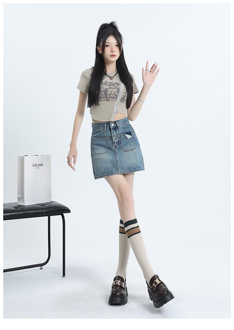 샤오홍 예약하기 추천 레트로 슬림해 보이는 데님 반신 스커트 여성 새로운 a 단어 안감 안전 바지 핫걸 미니 스커트 상세 이미지 13