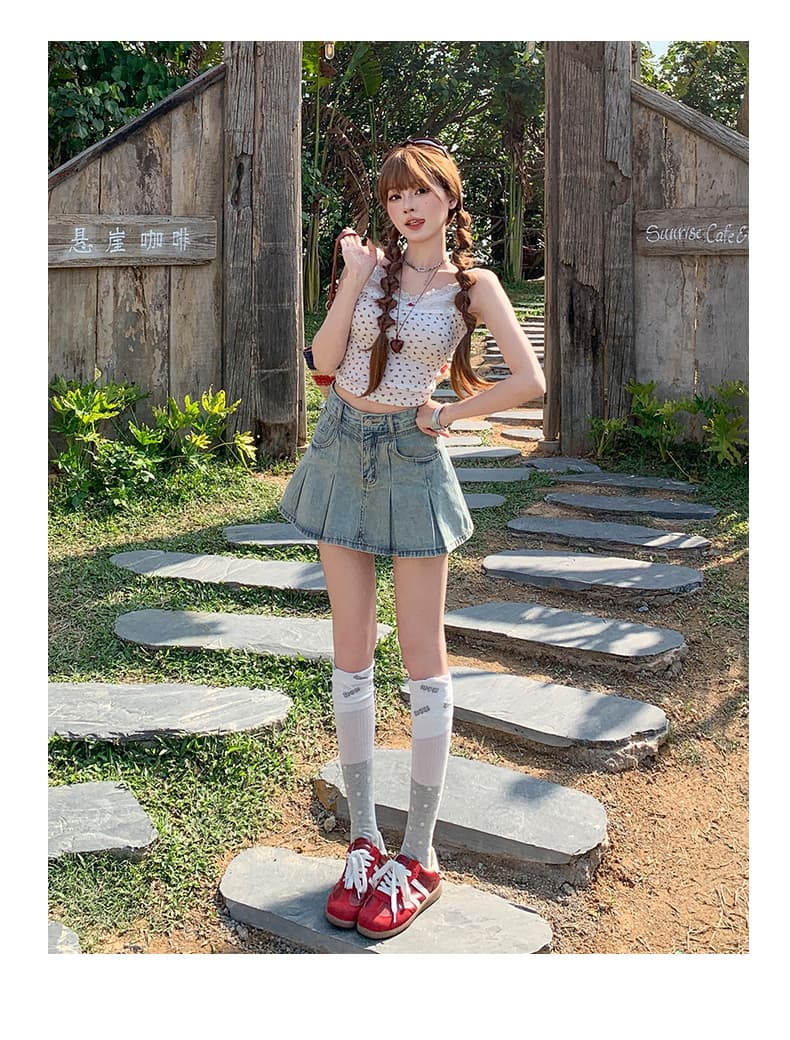 됐어. 개체 높은 품질 봄 여름 슬림해 보이는 데님 미니 스커트 여성 하늘색 하이웨이스트 미니멀리즘 a 단어 플리츠 반신 스커트 상세 이미지 24