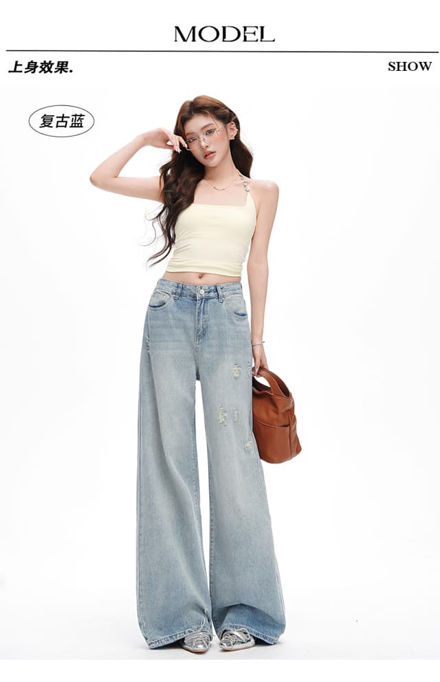 생방송 느긋한 바람 레트로 스크래치 청바지 봄 여름 여성 루즈핏 표지 고기 슬림해 보이는 롱 코트 스트레이트 넓은 다리 바닥 청소 바지 상세 이미지 8