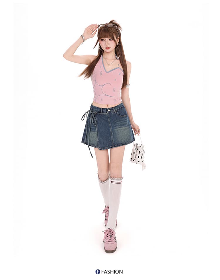 흔들어서 톤 폭발 여름 트렌드 치마바지 여성 하늘색 워싱 불규칙 스트랩 하이웨이스트 몸매 가꾸기 타이트 스커트 핫 바지 상세 이미지 20