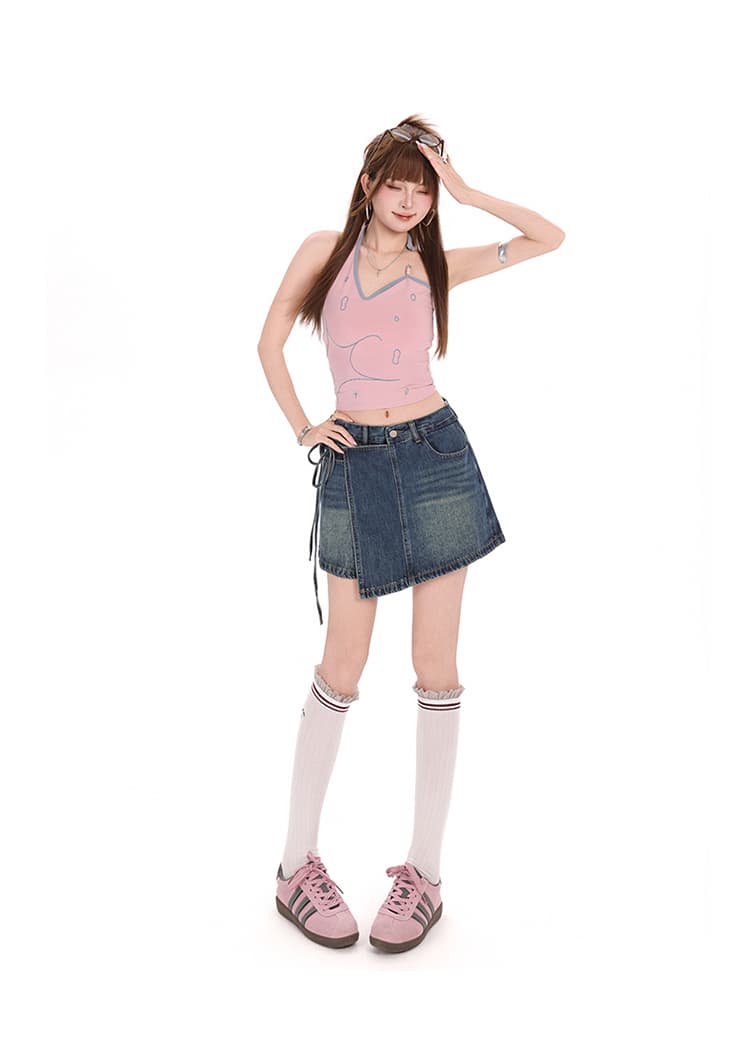 흔들어서 톤 폭발 여름 트렌드 치마바지 여성 하늘색 워싱 불규칙 스트랩 하이웨이스트 몸매 가꾸기 타이트 스커트 핫 바지 상세 이미지 22