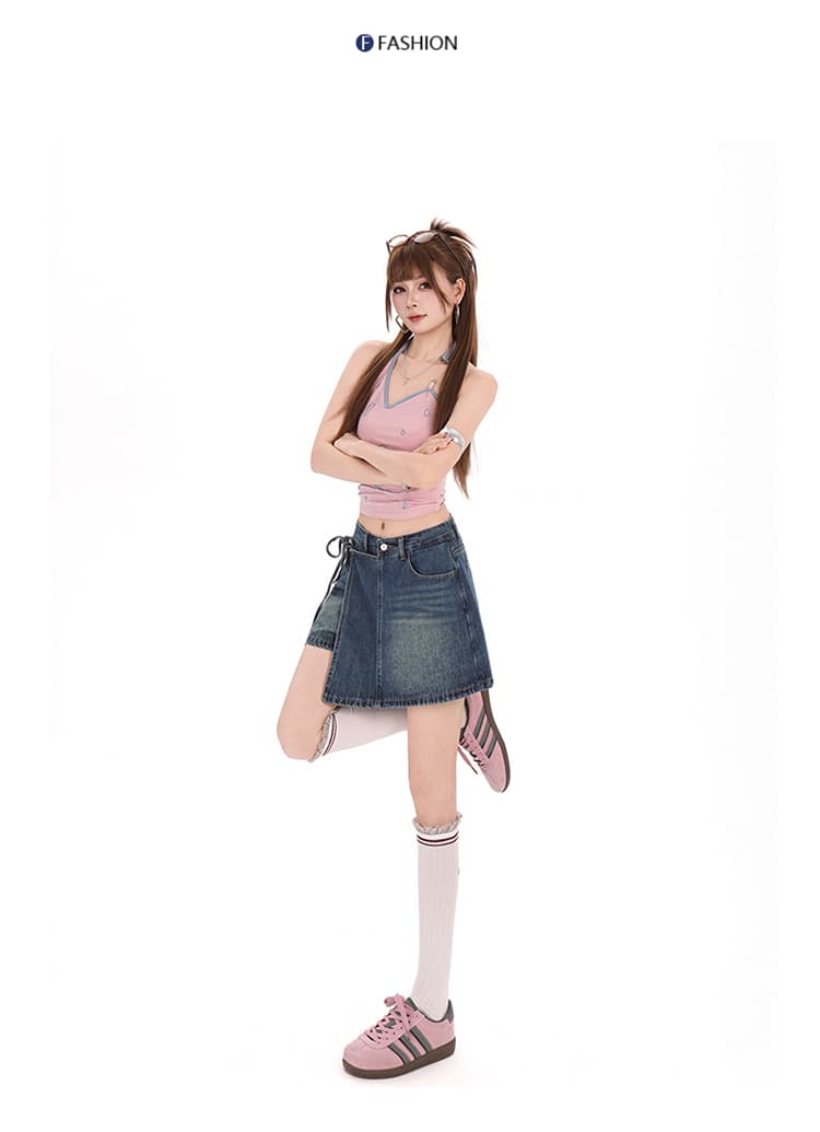 흔들어서 톤 폭발 여름 트렌드 치마바지 여성 하늘색 워싱 불규칙 스트랩 하이웨이스트 몸매 가꾸기 타이트 스커트 핫 바지 상세 이미지 26