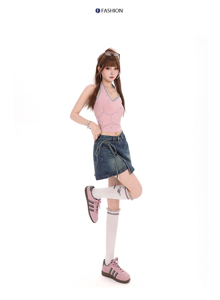 흔들어서 톤 폭발 여름 트렌드 치마바지 여성 하늘색 워싱 불규칙 스트랩 하이웨이스트 몸매 가꾸기 타이트 스커트 핫 바지 상세 이미지 27