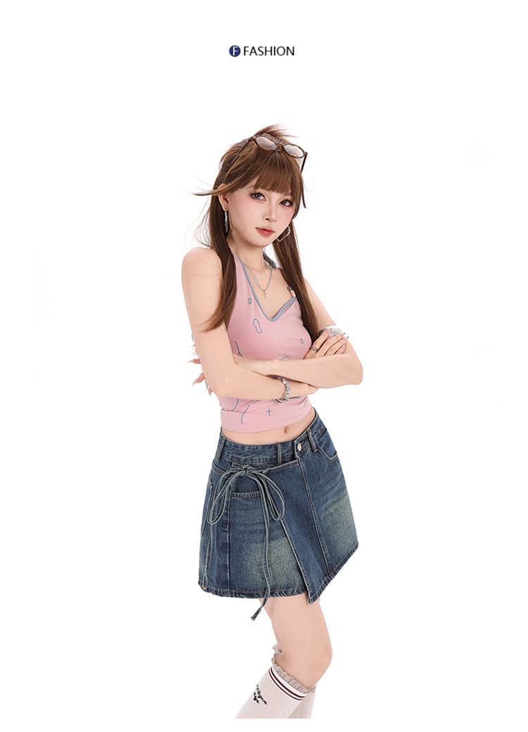 흔들어서 톤 폭발 여름 트렌드 치마바지 여성 하늘색 워싱 불규칙 스트랩 하이웨이스트 몸매 가꾸기 타이트 스커트 핫 바지 상세 이미지 28