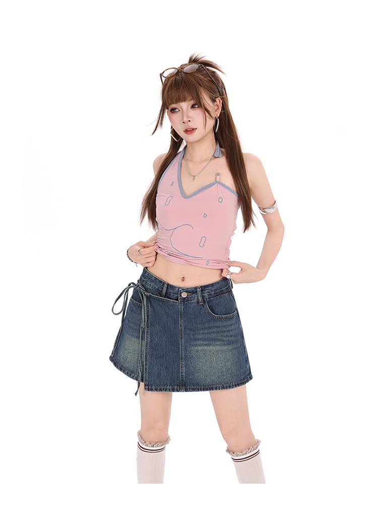 흔들어서 톤 폭발 여름 트렌드 치마바지 여성 하늘색 워싱 불규칙 스트랩 하이웨이스트 몸매 가꾸기 타이트 스커트 핫 바지 상세 이미지 29