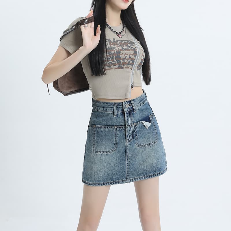 샤오홍 예약하기 추천 분위기 센스 레트로 데님 미니 스커트 여성 하이웨이스트 리프트 엉덩이 슬림해 보이는 노출 방지 안감 a 단어 치마 이미지 2
