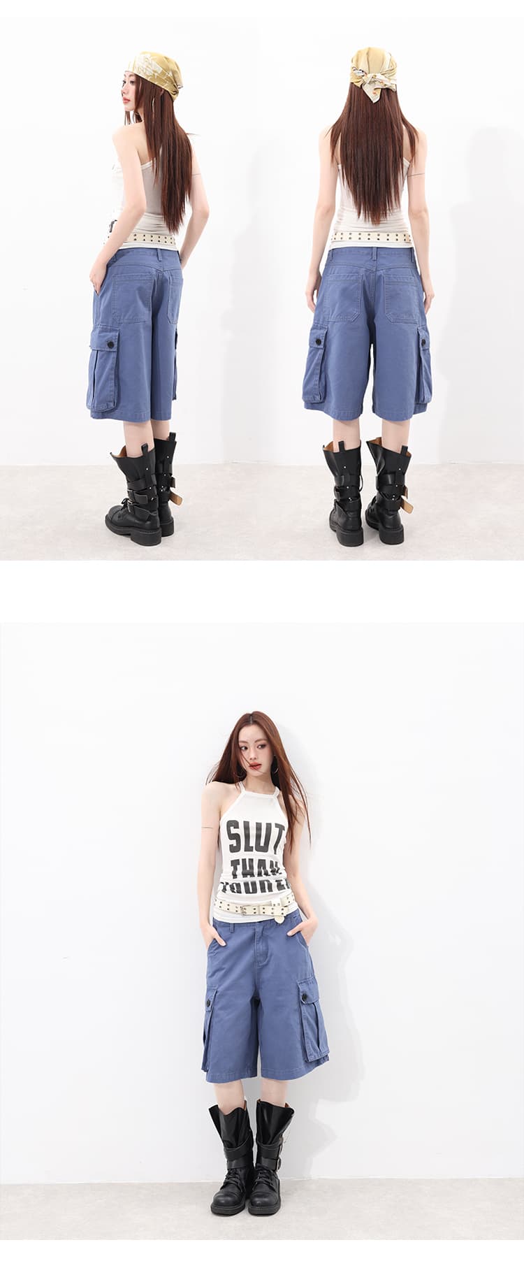 일본 싱글 여름 신제품 ootd 일상 착용 가져 가라. 법 일 블루 루즈핏 넓은 다리 워크웨어 오부 바지 여성 상세 이미지 5