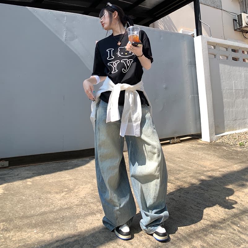 됐어. 개체 높은 품질 느긋한 와 성별 调性 Chic 모통이 칼 바지 종류 슬림해 보이는 전구 청바지 이미지 3
