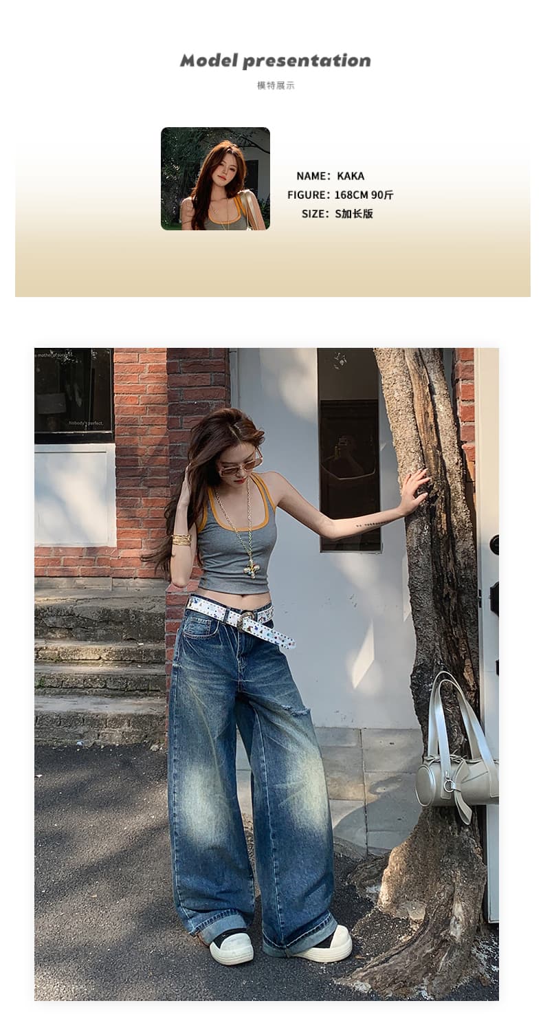 한국 싱글 클래식 레트로 블루 청바지 찢어진 부분 볼륨 측면 디자인 루즈핏 다용도 와이드 레그 팬츠 상세 이미지 5