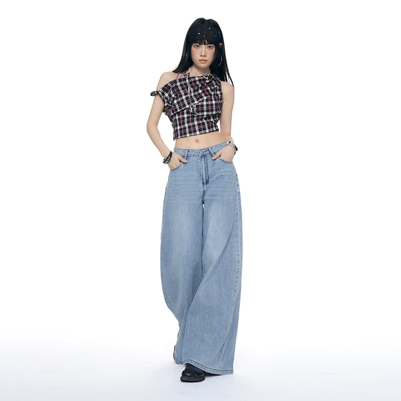 생방송 플러스 롱 코트 주간 실크 청바지 아메리칸 레트로 얇은 스타일 통기성 루즈핏 넓은 다리 스트레이트 긴 바지 이미지 3