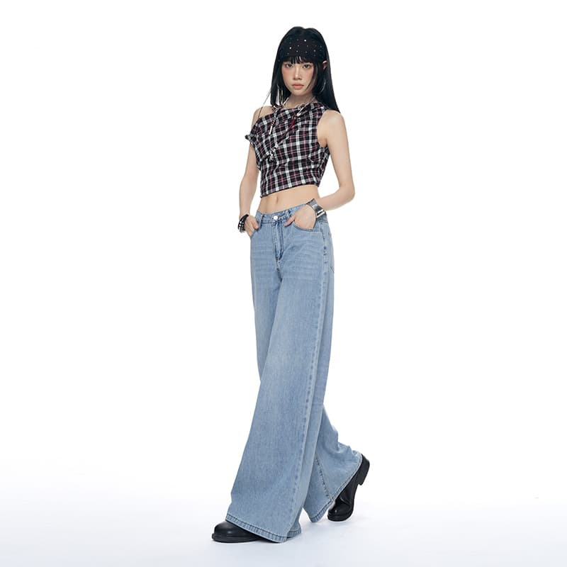 생방송 플러스 롱 코트 주간 실크 청바지 아메리칸 레트로 얇은 스타일 통기성 루즈핏 넓은 다리 스트레이트 긴 바지 이미지 2