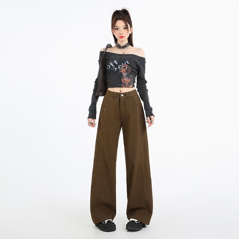 국경 간 아메리칸 워싱 마 오래된 와이드 레그 팬츠 커피 색상 레트로 데님 커플 섹션 루즈핏 스트레이트 팬츠
