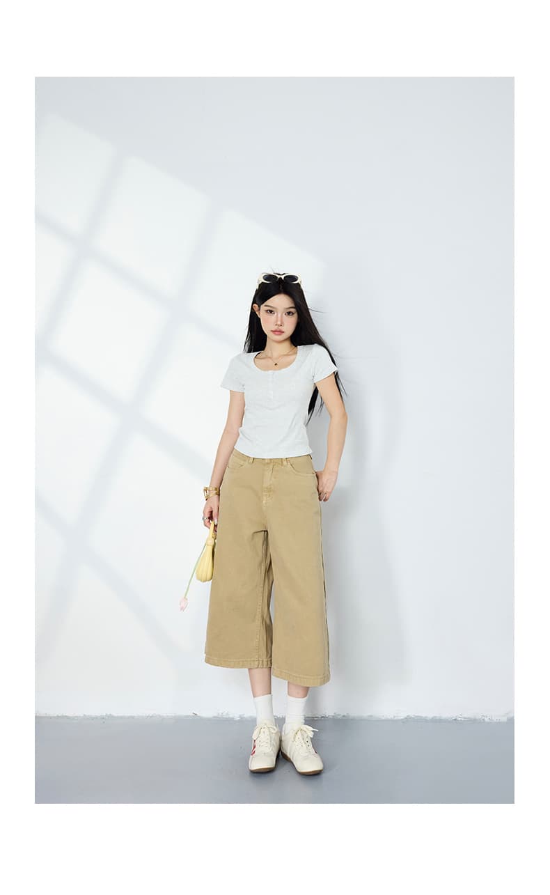 생방송 카키 색 하이웨이스트 넓은 다리 7부 바지 봄 여름 아메리칸 레트로 데님 루즈핏 다용도 바지 상세 이미지 17