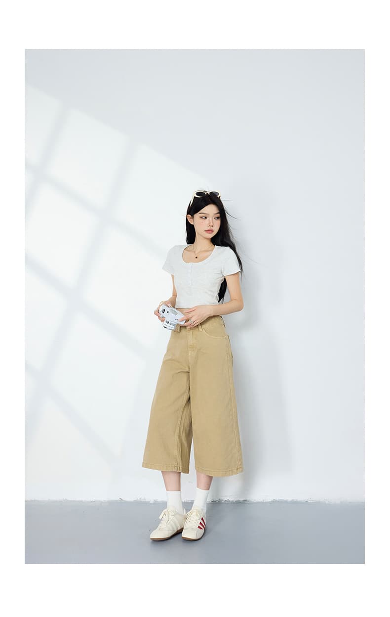 생방송 카키 색 하이웨이스트 넓은 다리 7부 바지 봄 여름 아메리칸 레트로 데님 루즈핏 다용도 바지 상세 이미지 18
