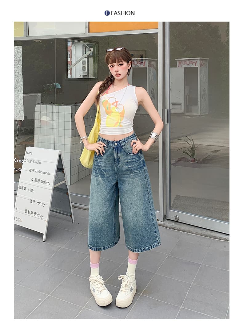 일본 싱글 작은 키 루즈핏 데님 바지 아메리칸 레트로 워싱 균열 새로운 7 점 스트레이트 팬츠 상세 이미지 7