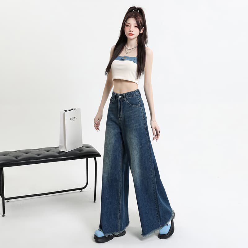 샤오홍 예약하기 추천 레트로 워싱 넓은 다리 청바지 이문화 블랙 회색 대 바지 거친 가장자리 바닥 청소 긴 바지 이미지 2
