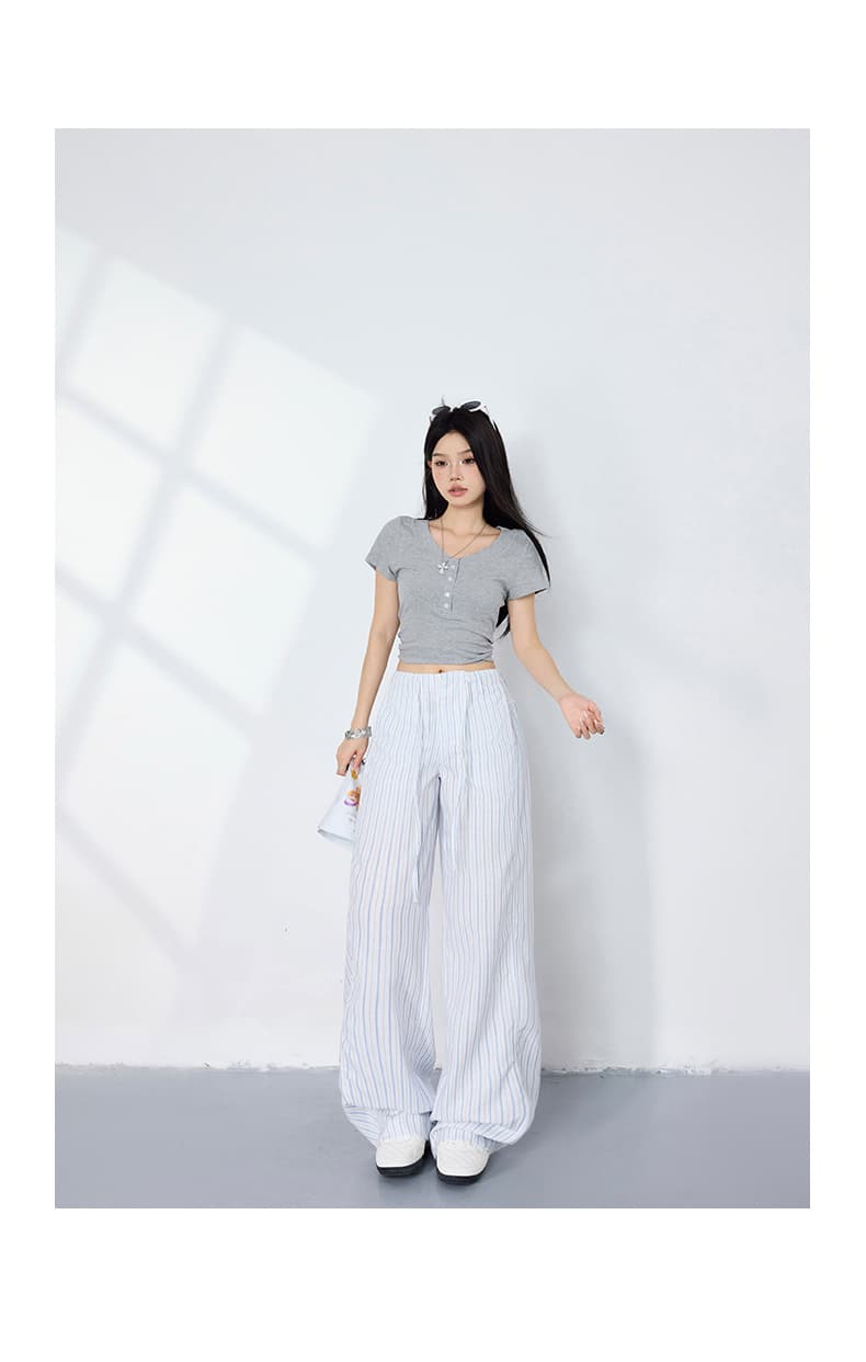일본식 하이웨이스트 펌프 로프 스트레이트 캐주얼 바지 아메리칸 레트로 수직 곡물 원단 봄 여름 루즈핏 넓은 다리 바지 상세 이미지 13