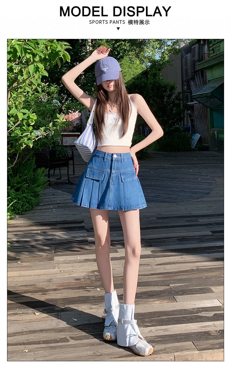 샤오홍 예약하기 추천 노출 방지 안감 반신 스커트 한국 스타일 레트로 데님 하이웨이스트 a 단어 플리츠 슬림해 보이는 미니 스커트 상세 이미지 10