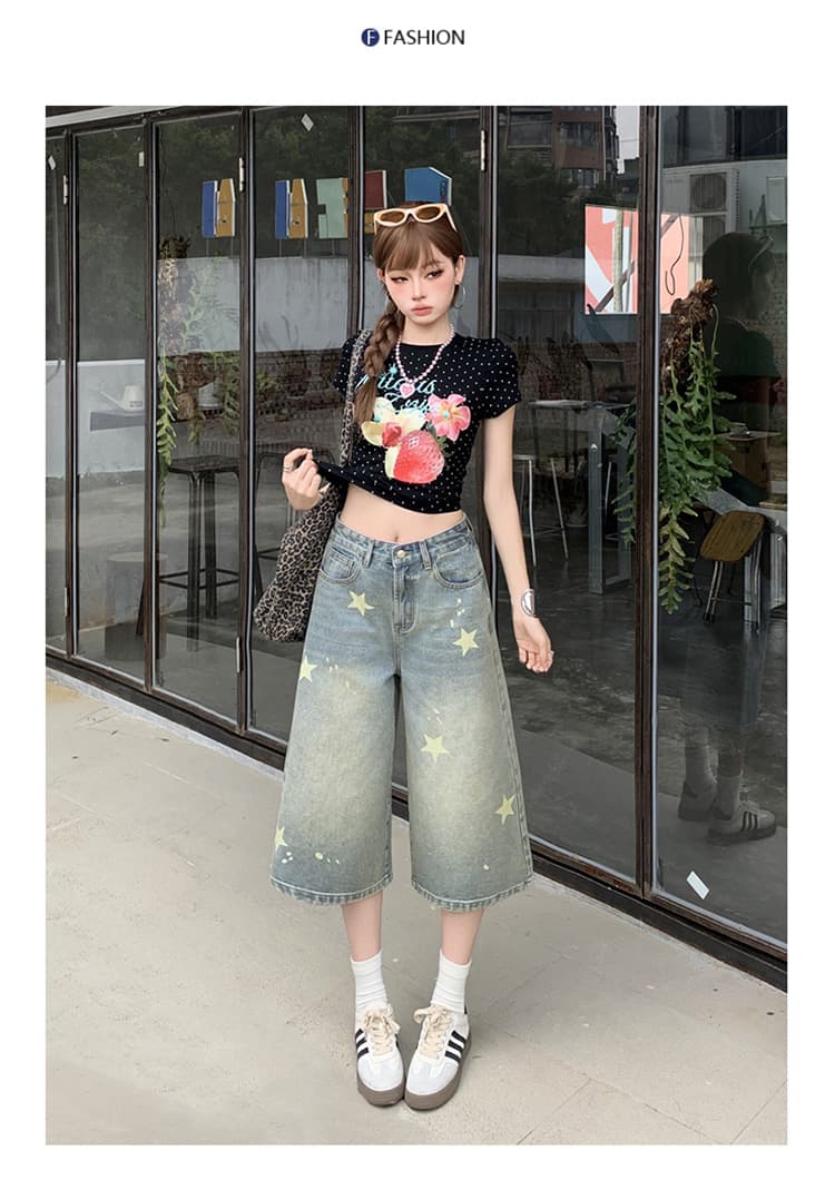 됐어. 개체 높은 품질 마 오래된 워싱 데님 반바지 아메리칸 레트로 스타일 별 프린트 루즈핏 넓은 다리 7부 바지 상세 이미지 11
