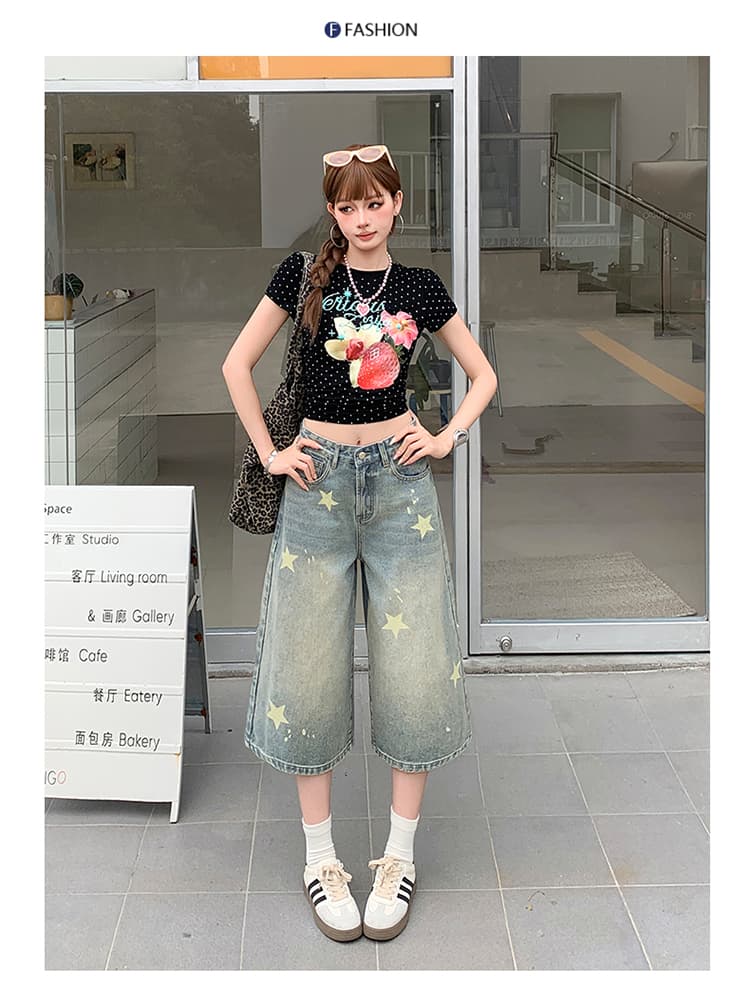 됐어. 개체 높은 품질 마 오래된 워싱 데님 반바지 아메리칸 레트로 스타일 별 프린트 루즈핏 넓은 다리 7부 바지 상세 이미지 16