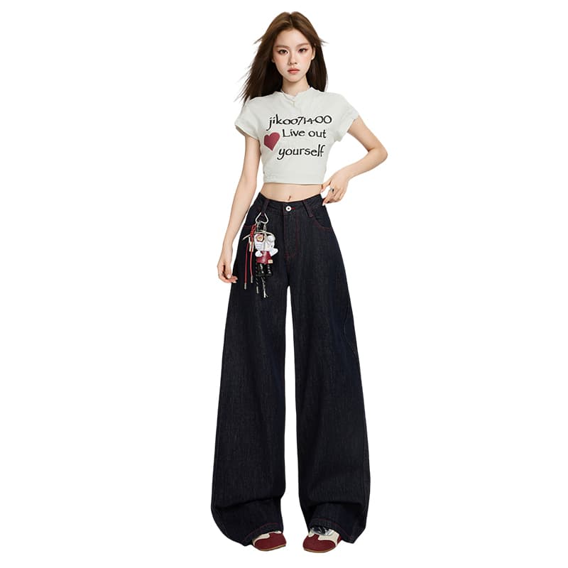한 부서 chic 레트로 와이드 레그 팬츠 여름 새로운 하이웨이스트 원색 데님 빨간색 바느질 긴 바지 이미지 5