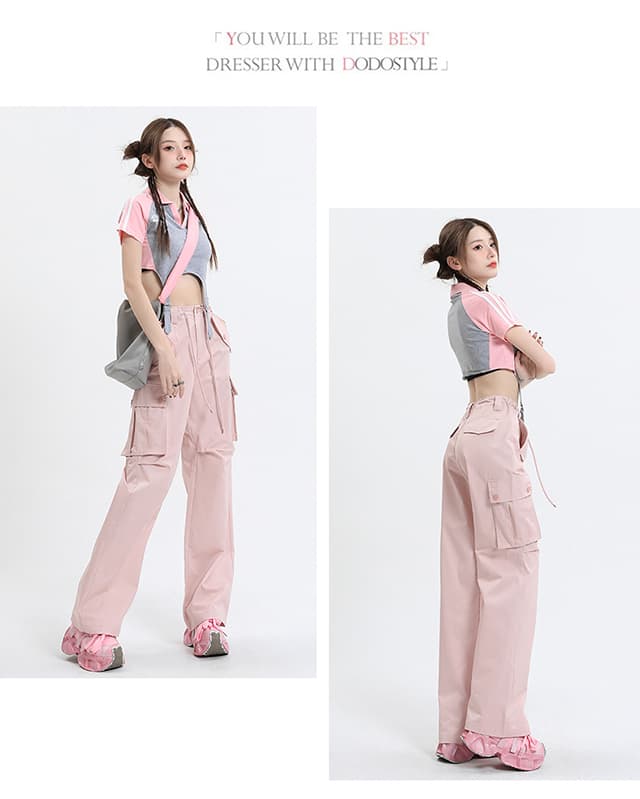 샤오홍 예약하기 추천 작은 키 독점적 인 워크웨어 팬츠 핑크색 아메리칸 높음 거리 여름 유럽과 미국 레트로 운동 캐주얼 바지 상세 이미지 10