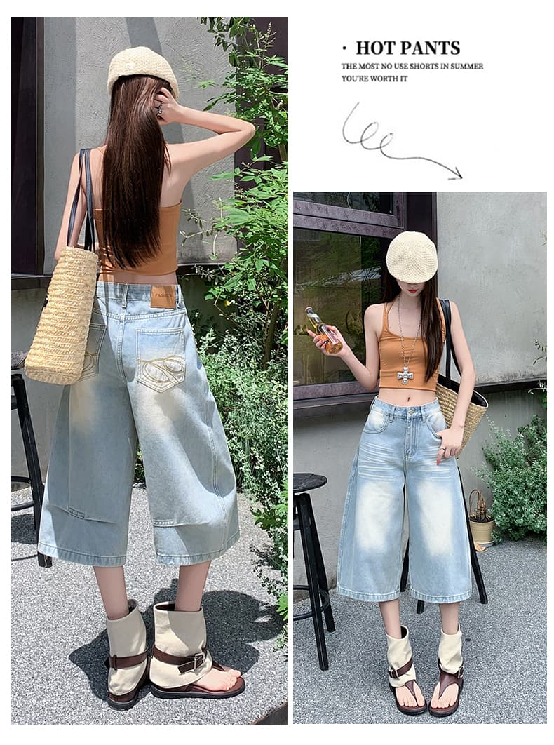 한 부서 작은 키 독점적 인 7부 바지 여름 아메리칸 데님 와이드 레그 팬츠 발 디자인 루즈핏 스트레이트 섹션 상세 이미지 12