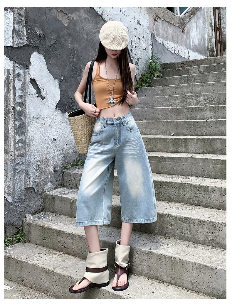 한 부서 작은 키 독점적 인 7부 바지 여름 아메리칸 데님 와이드 레그 팬츠 발 디자인 루즈핏 스트레이트 섹션 상세 이미지 22