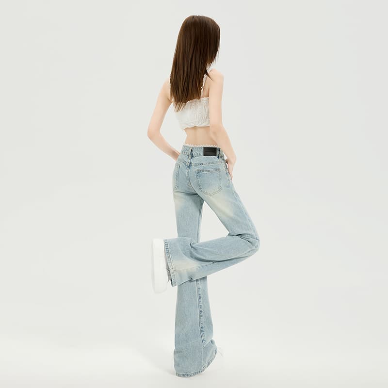 생방송 레이스 조각 파쇄 된 바지 하늘색 워싱 데님 패브릭 봄 여름 로우 웨이스트 부츠컷 슬림해 보이는 나팔 바지 이미지 2
