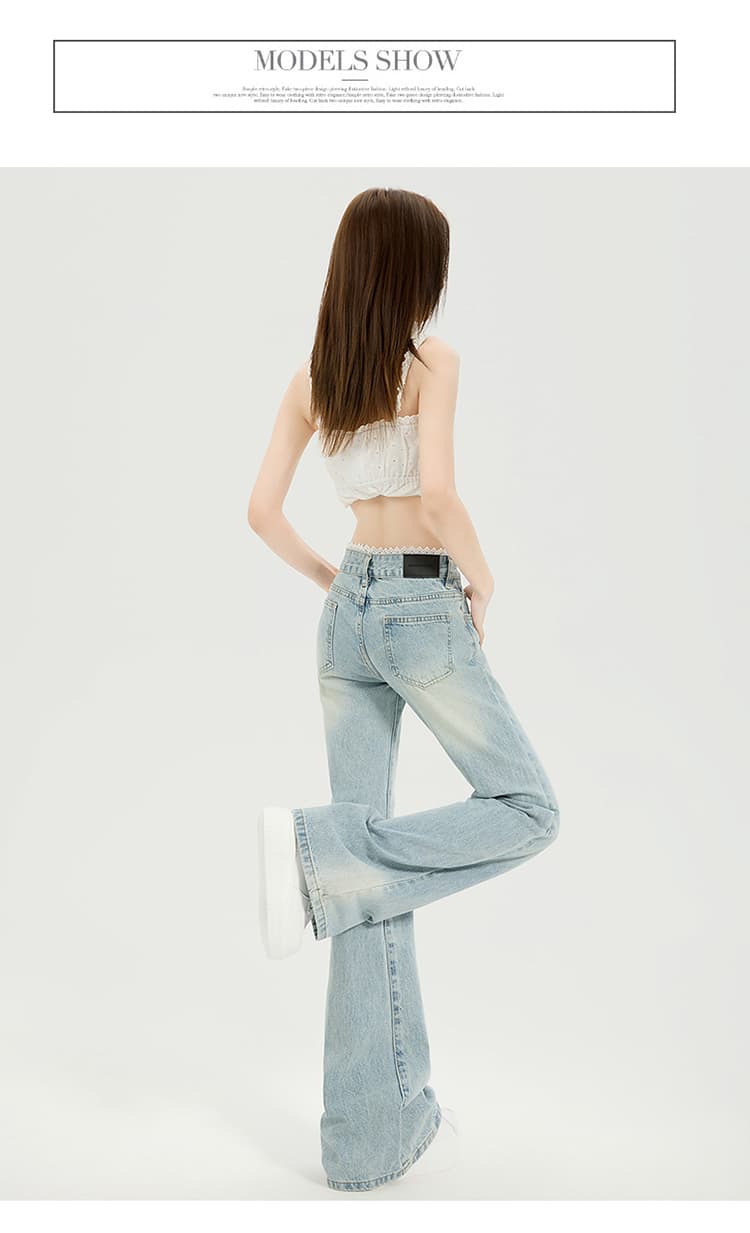 생방송 레이스 조각 파쇄 된 바지 하늘색 워싱 데님 패브릭 봄 여름 로우 웨이스트 부츠컷 슬림해 보이는 나팔 바지 상세 이미지 13