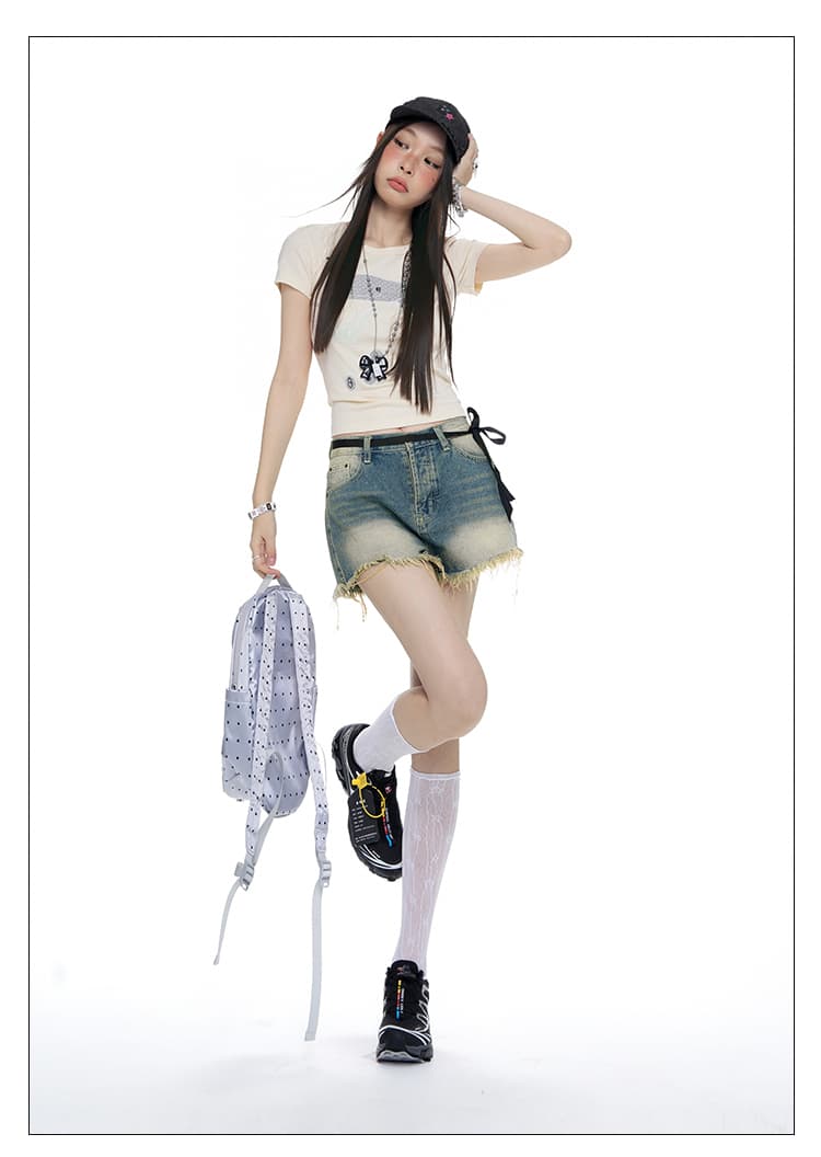 일본 싱글 신제품 26 여름 핫걸 바람 하이웨이스트 데님 반바지 홀치기 염색 술 레이스업 레트로 스타일 상세 이미지 8