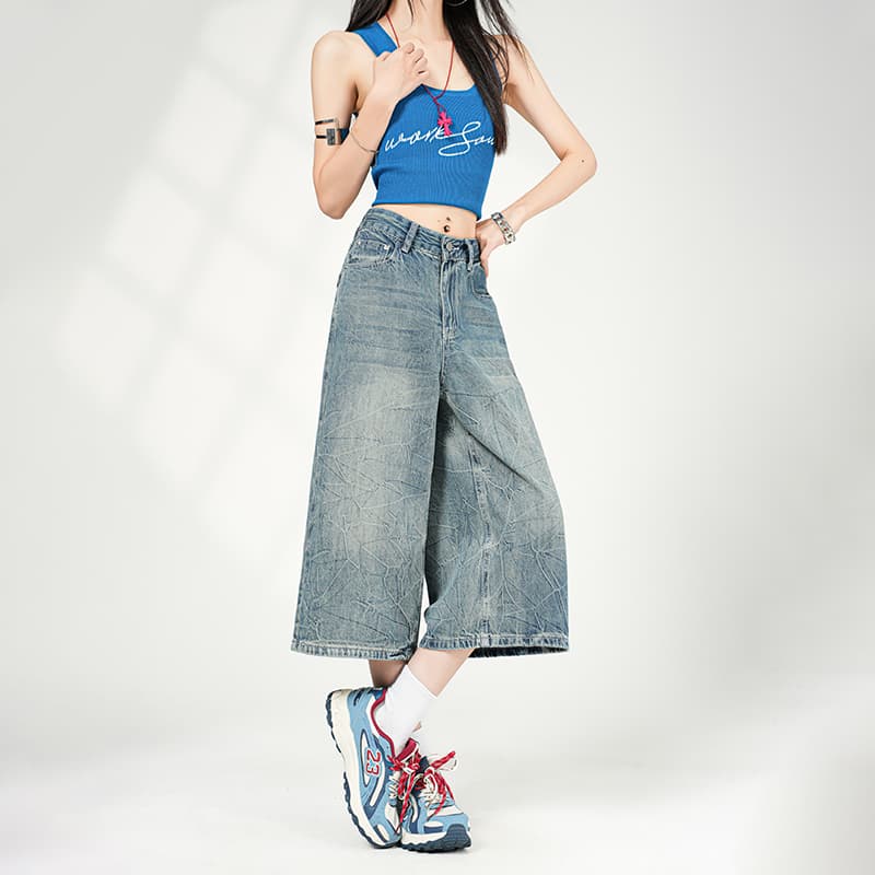 일본식 새로운 타격 와 성별 쉬운 세대 바람 클래식 넓은 다리 스트레이트 가죽 카드 장식 7부 바지 이미지 2