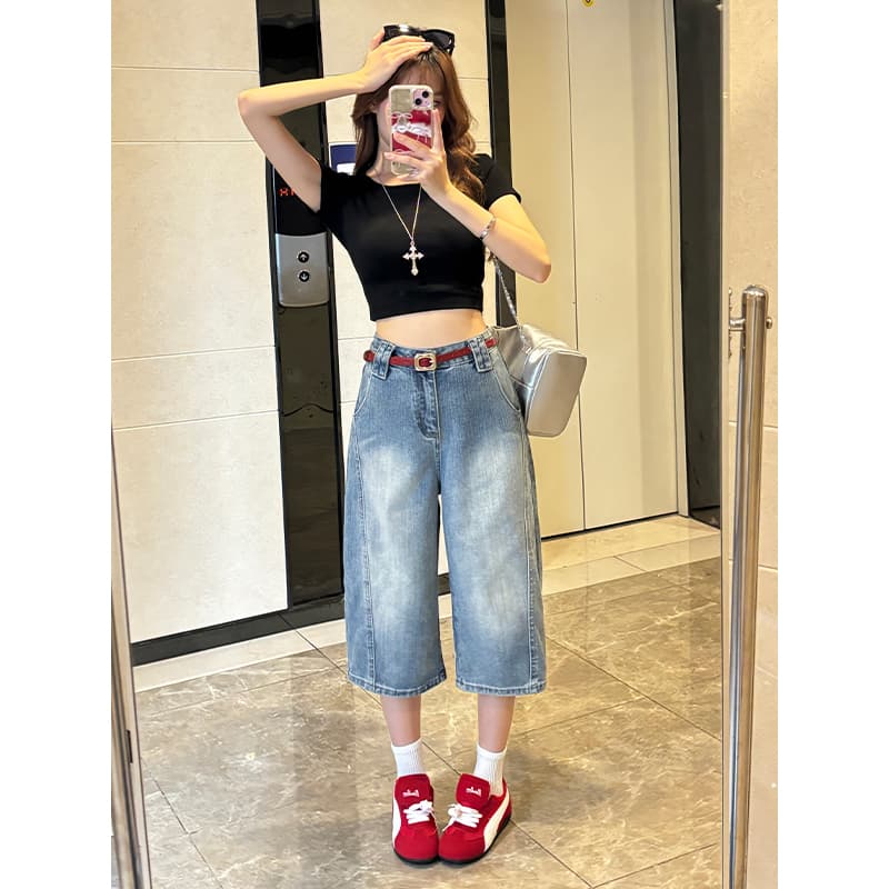 샤오홍 예약하기 추천 대나무 마디 원단 느슨함 다용도 여름 달콤한 차가운 거리 밖 일상 7 점 데님 바지