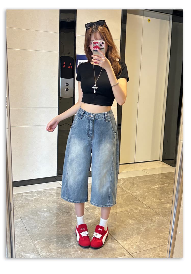 샤오홍 예약하기 추천 대나무 마디 원단 느슨함 다용도 여름 달콤한 차가운 거리 밖 일상 7 점 데님 바지 상세 이미지 10