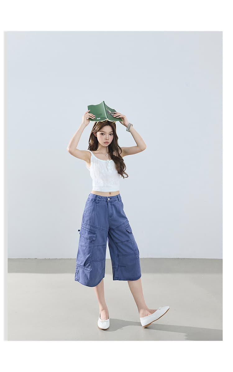 일본식 여름 새로운 기타 주머니 일 와이드 다리 7부 바지 여성 아메리칸 레트로 워싱 다용도 데님 바지 상세 이미지 16