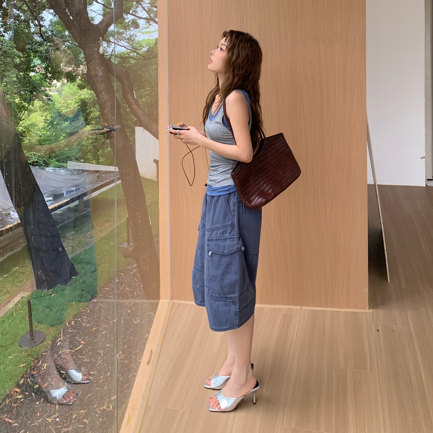 한 부서 거리 아메리칸 레트로 워크웨어 7부 바지 여성 기타 주머니 디자인 루즈핏 도루 센스 다용도 넓은 다리 청바지 이미지 3
