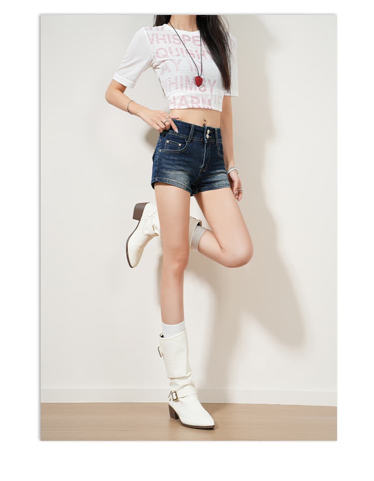 샤오홍 예약하기 추천 신제품 클래식 매운맛 바지 감기 순수한 욕망 품격 신축성 더블 버클 쇼트 스타일 데님 핫 바지 상세 이미지 6