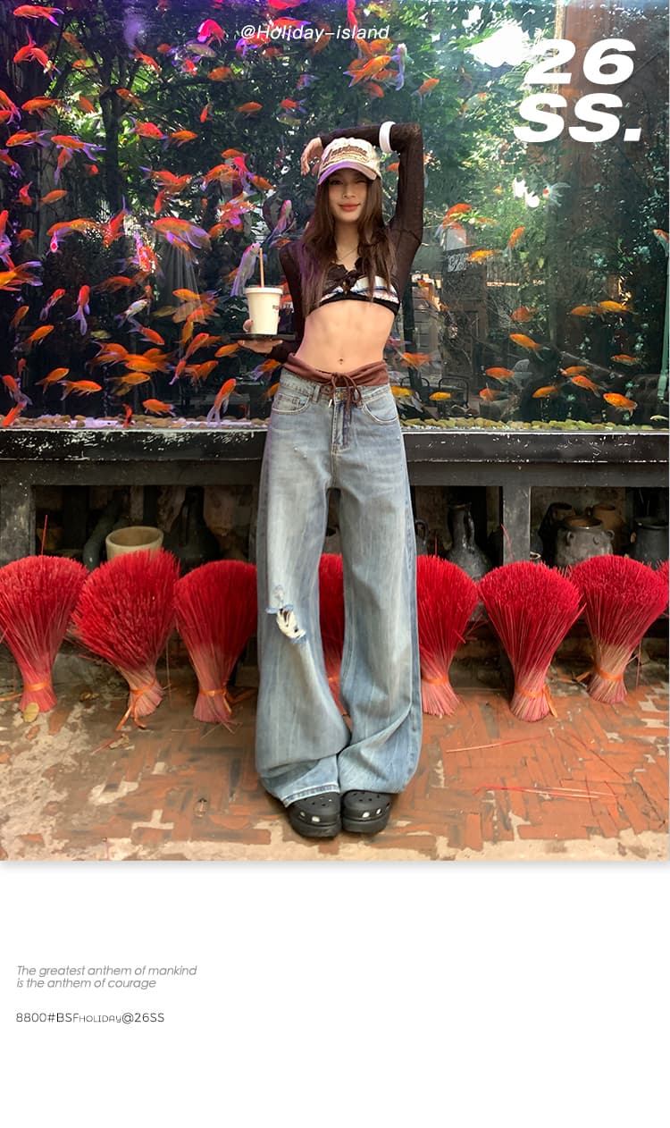 일본 싱글 산책 치앙마이 일상 여름 상쾌 느슨함 调性 불규칙 찢어진 부분 다용도 슬림해 보이는 데님 상세 이미지 1