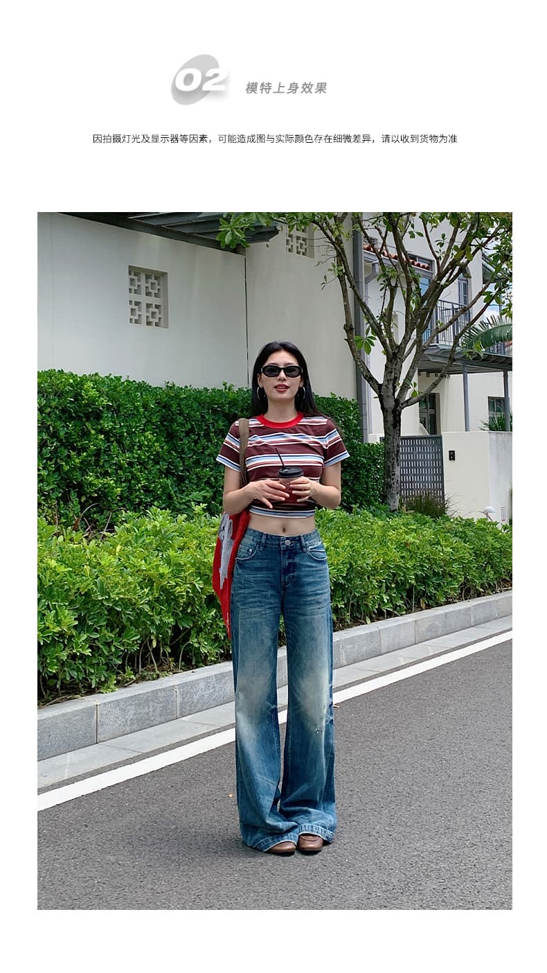일본식 26 여름 푸켓 휴가 아메리칸 레트로 무거운 작업 찢어진 청바지 여성 로우 웨이스트 슬림해 보이는 나팔 긴 바지 상세 이미지 4