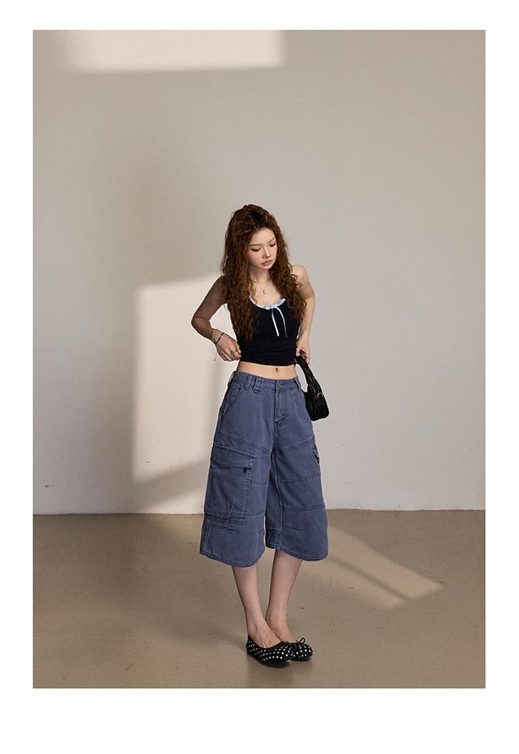 일본 싱글 여름 레트로 워크웨어 데님 7부 바지 3 차원 빅 포켓 디자인 넓은 다리 아메리칸 트렌드 바지 상세 이미지 8